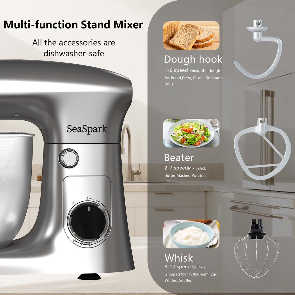 3-IN-1 10-speed Tilting Mixer with Pulse Button, Including 5.5QT Stainless Steel Bowl, Dough Hook, Mixer, Egg Mixer, Spatula-SIlvery, Mixer for Baking, Mixer Grinder for Kitchen, Kitchen Mixer, Mixer Blender, Mixer Grinder