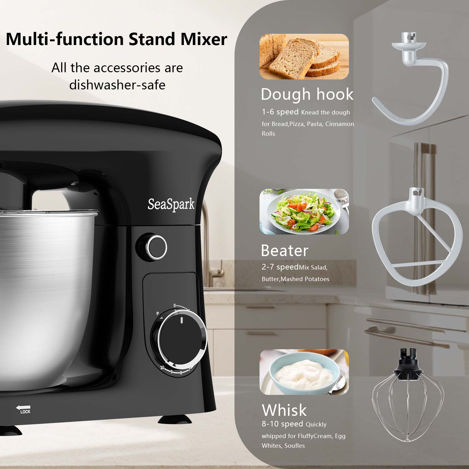 3-IN-1 10-speed Tilting Mixer with Pulse Button, Including 5.5QT Stainless Steel Bowl, Dough Hook, Mixer, Egg Mixer, Spatula-Black, Mixer for Baking, Stand Mixer for Baking Heavy Duty, Kitchen Mixer