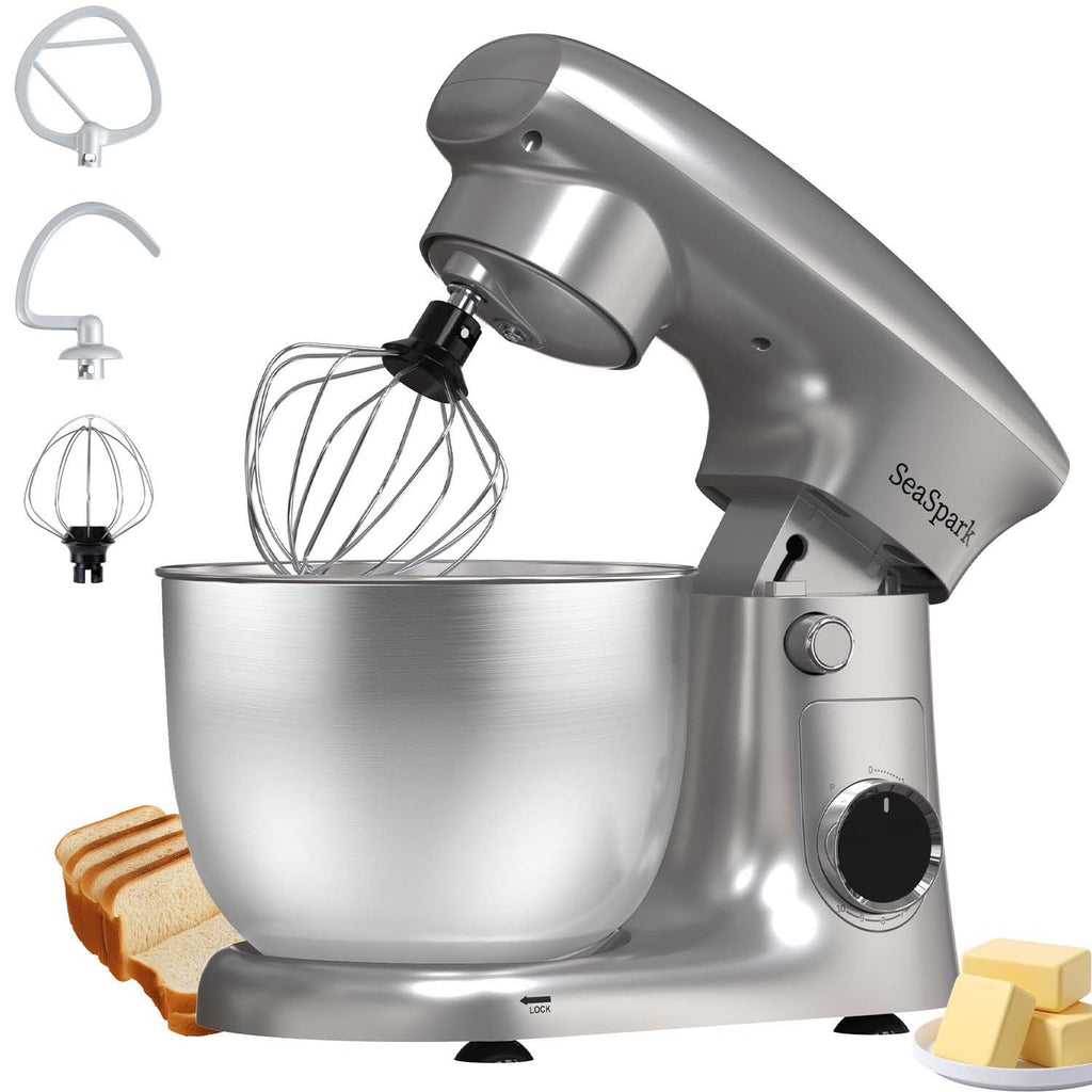 3-IN-1 10-speed Tilting Mixer with Pulse Button, Including 5.5QT Stainless Steel Bowl, Dough Hook, Mixer, Egg Mixer, Spatula-SIlvery, Mixer for Baking, Mixer Grinder for Kitchen, Kitchen Mixer, Mixer Blender, Mixer Grinder