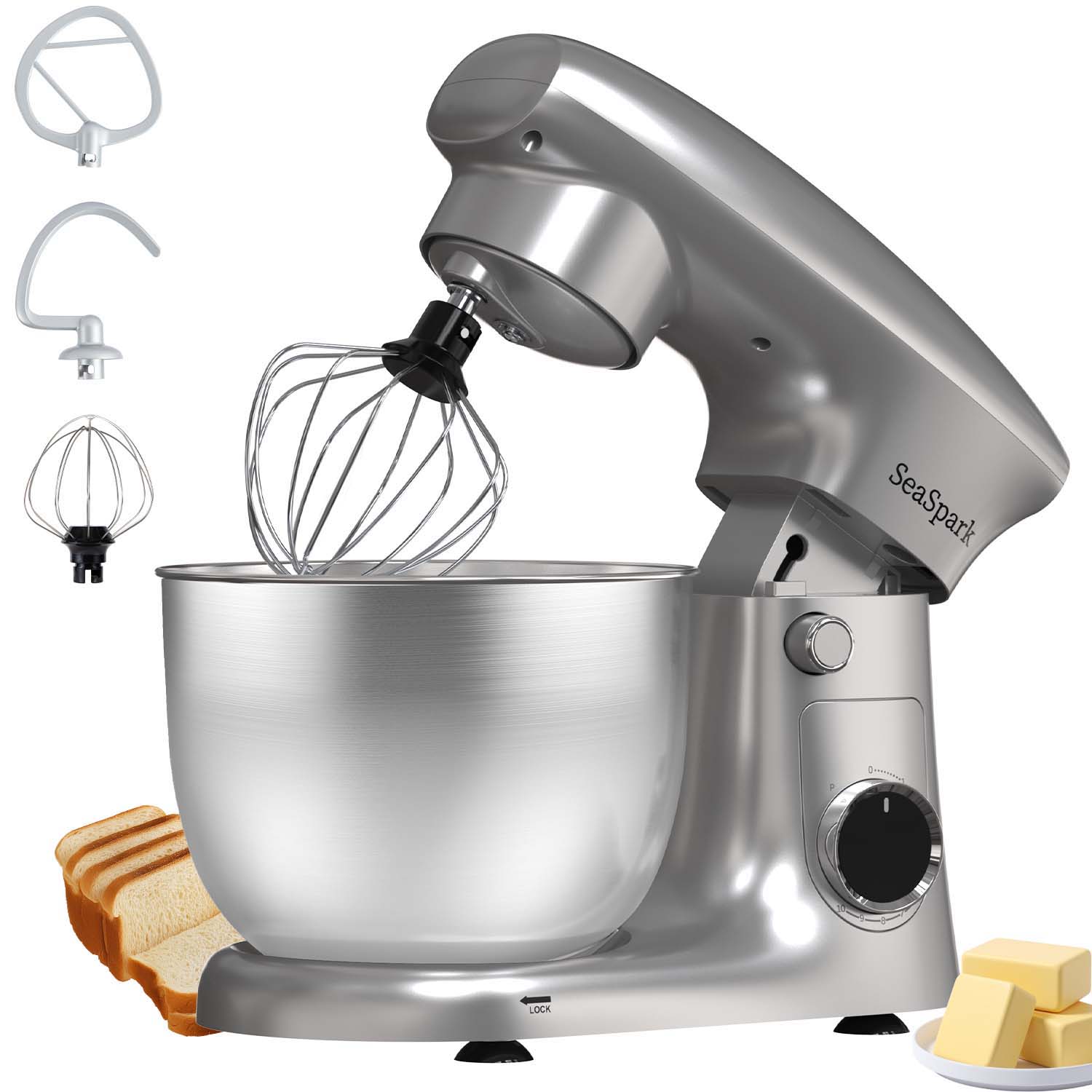 3-IN-1 10-speed Tilting Mixer with Pulse Button, Including 5.5QT Stainless Steel Bowl, Dough Hook, Mixer, Egg Mixer, Spatula-SIlvery, Mixer for Baking, Mixer Grinder for Kitchen, Kitchen Mixer, Mixer Blender, Mixer Grinder