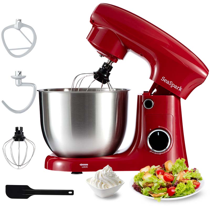 3-IN-1 10-speed Tilting Mixer with Pulse Button, Including 5.5QT Stainless Steel Bowl, Dough Hook, Mixer, Egg Mixer, Spatula-Red, Hand Mixer for Baking, Kitchen Appliance, Baking Essentials, Compact Design, Modern Kitchen Tool