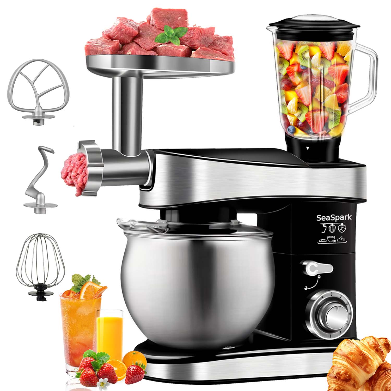 1PC Stand Mixers,6-in-1 6-speed with Pulse Button, Accessories 6.3QT Stainless Steel Bowl, Mixer, Dough Hook, Egg Beater, Spatula, Juicer Accessories, Meat Grinder Accessories and Noodle Pressing Accessories,black