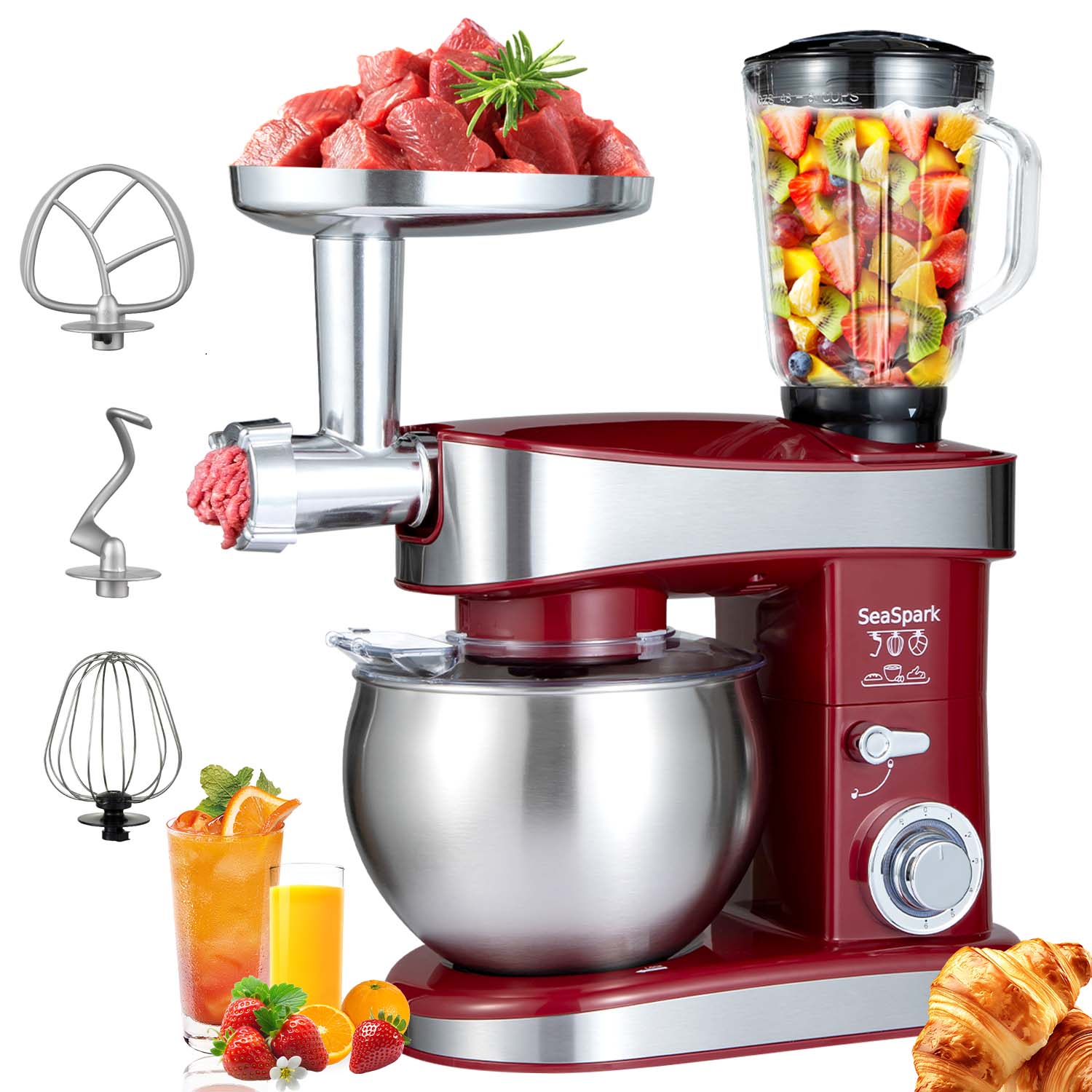 1PC Stand Mixers,6-in-1 6-speed with Pulse Button, Accessories 6.3QT Stainless Steel Bowl, Mixer, Dough Hook, Egg Beater, Spatula, Juicer Accessories, Meat Grinder Accessories and Noodle Pressing Accessories,Red