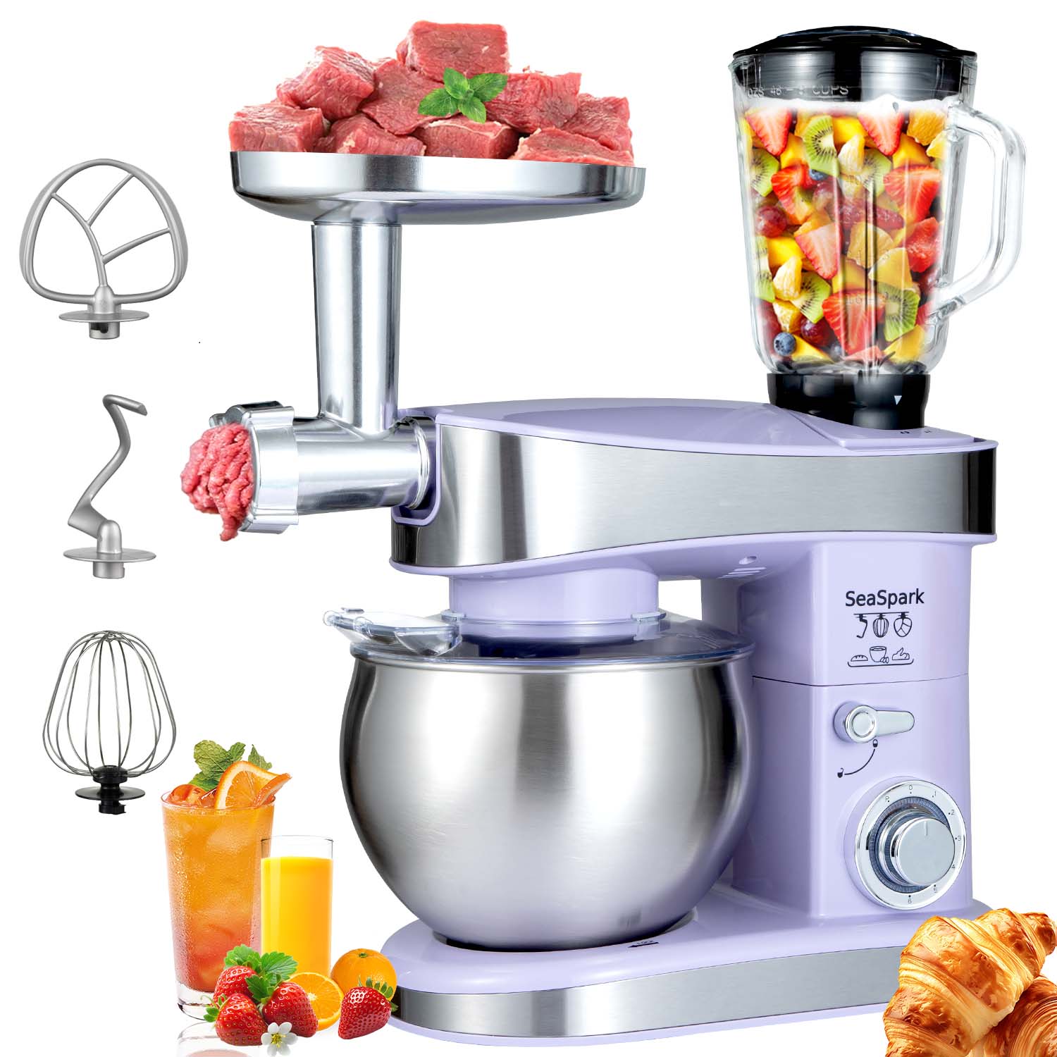 1PC Stand Mixers,6-in-1 6-speed with Pulse Button, Accessories 6.3QT Stainless Steel Bowl, Mixer, Dough Hook, Egg Beater, Spatula, Juicer Accessories, Meat Grinder Accessories and Noodle Pressing Accessories,purple