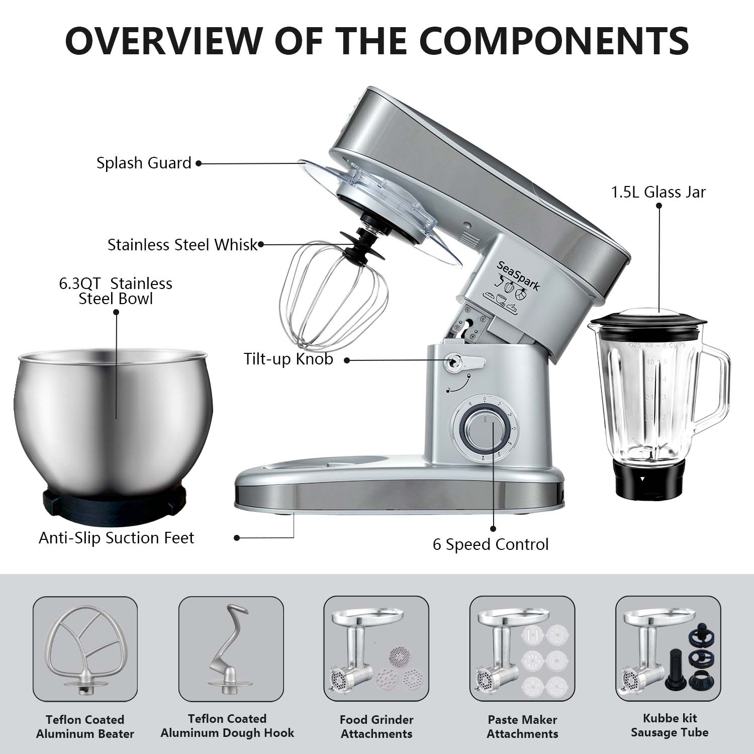 1PC Stand Mixers,6-in-1 6-speed with Pulse Button, Accessories 6.3QT Stainless Steel Bowl, Mixer, Dough Hook, Egg Beater, Spatula, Juicer Accessories, Meat Grinder Accessories and Noodle Pressing Accessories,silver