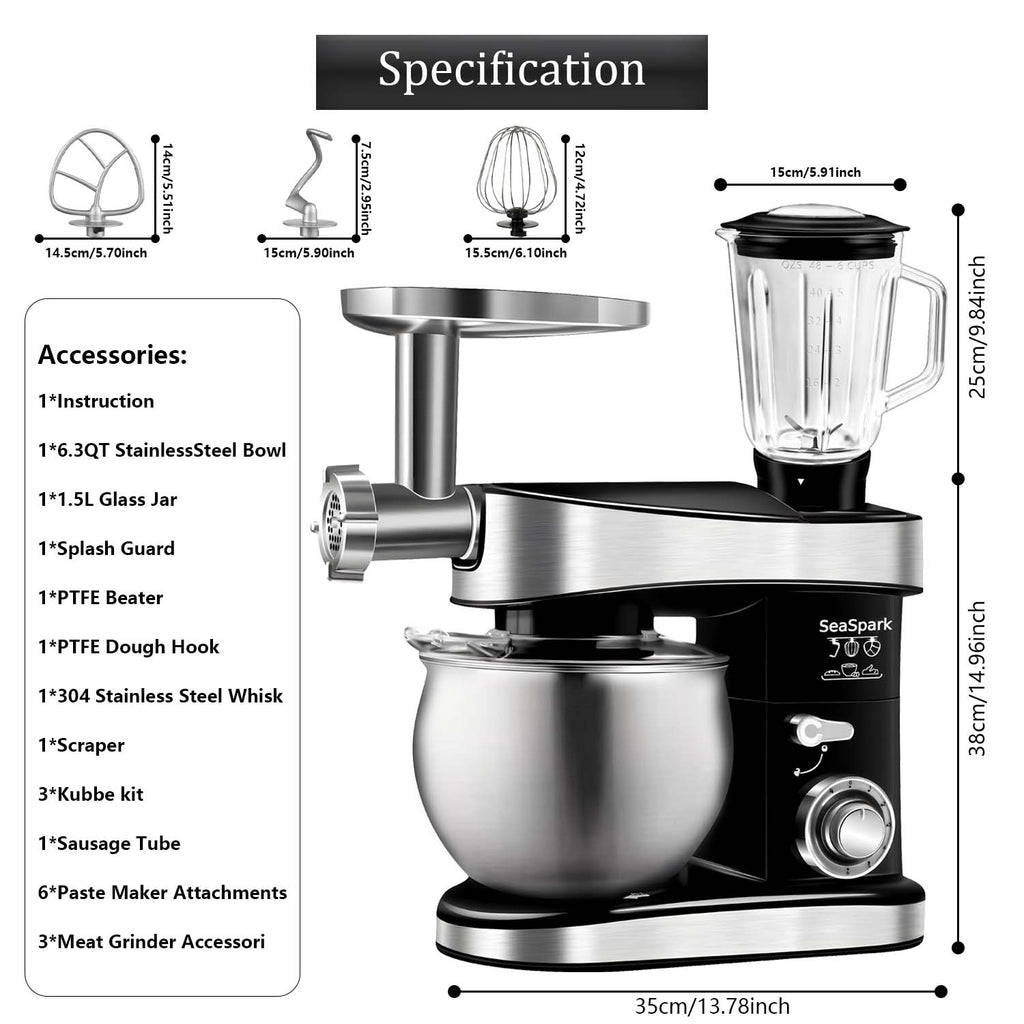1PC Stand Mixers,6-in-1 6-speed with Pulse Button, Accessories 6.3QT Stainless Steel Bowl, Mixer, Dough Hook, Egg Beater, Spatula, Juicer Accessories, Meat Grinder Accessories and Noodle Pressing Accessories,black