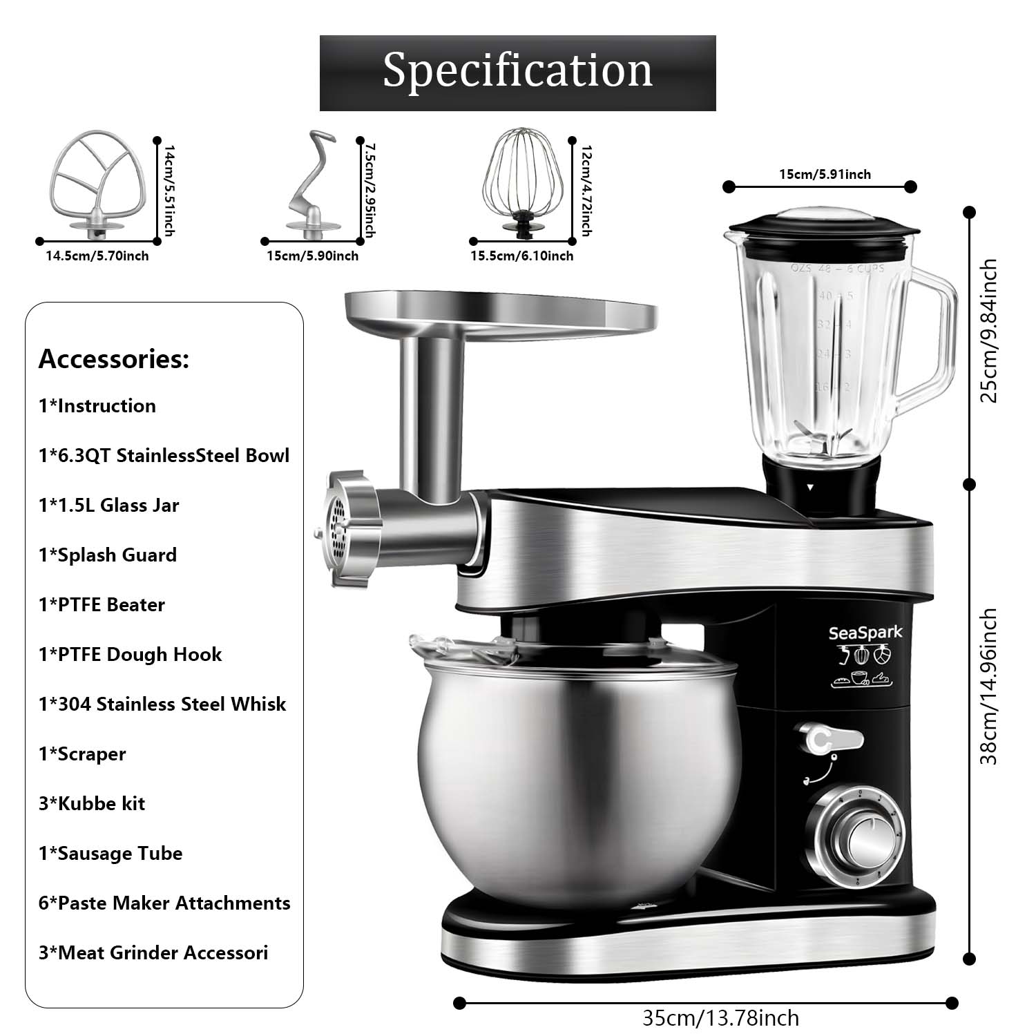 1PC Stand Mixers,6-in-1 6-speed with Pulse Button, Accessories 6.3QT Stainless Steel Bowl, Mixer, Dough Hook, Egg Beater, Spatula, Juicer Accessories, Meat Grinder Accessories and Noodle Pressing Accessories,black