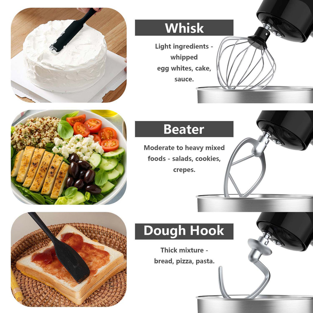 3-IN-1 10-speed Tilting Mixer with Pulse Button, Including 5.5QT Stainless Steel Bowl, Dough Hook, Mixer, Egg Mixer, Spatula-Black, Mixer for Baking, Stand Mixer for Baking Heavy Duty, Kitchen Mixer