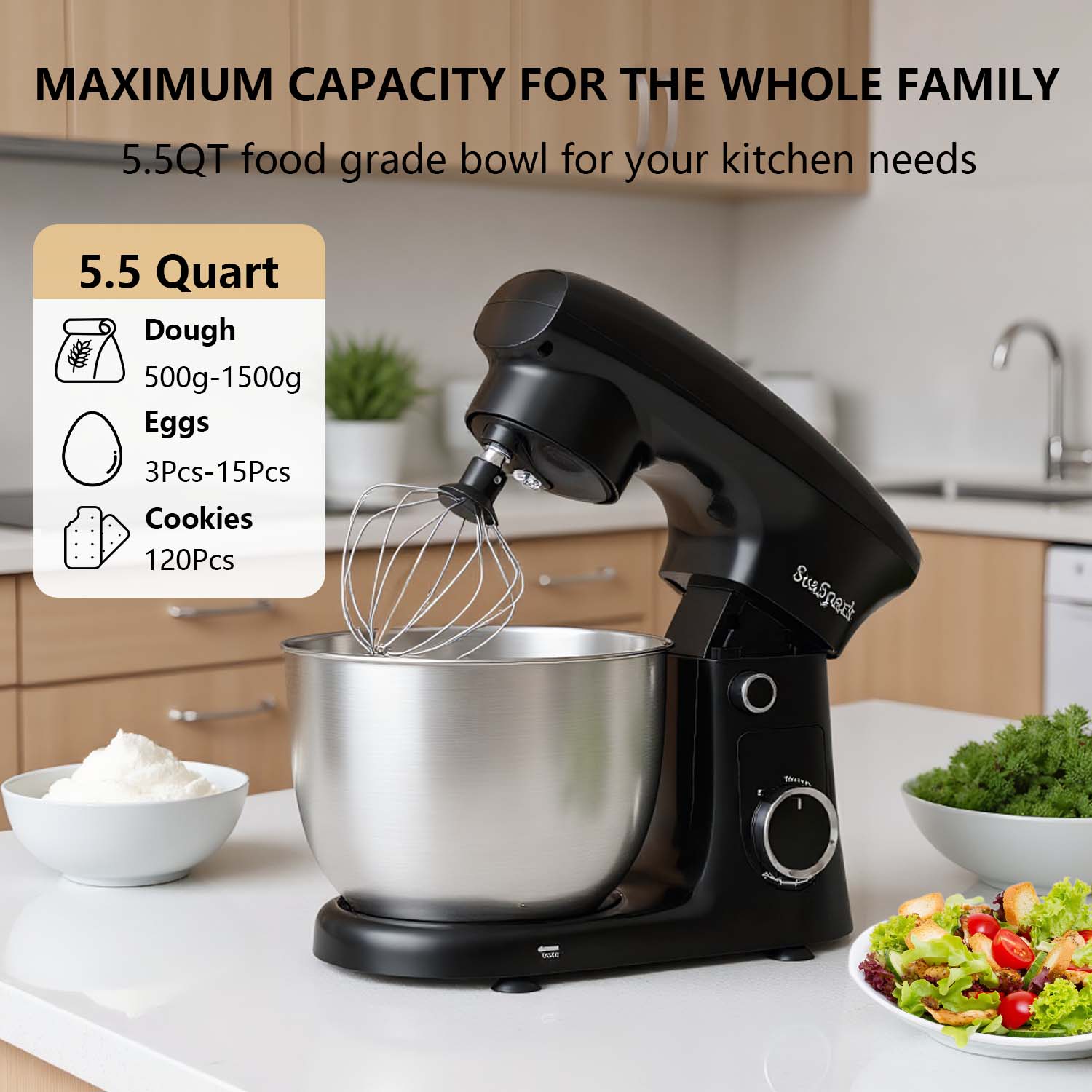 3-IN-1 10-speed Tilting Mixer with Pulse Button, Including 5.5QT Stainless Steel Bowl, Dough Hook, Mixer, Egg Mixer, Spatula-Black, Mixer for Baking, Stand Mixer for Baking Heavy Duty, Kitchen Mixer