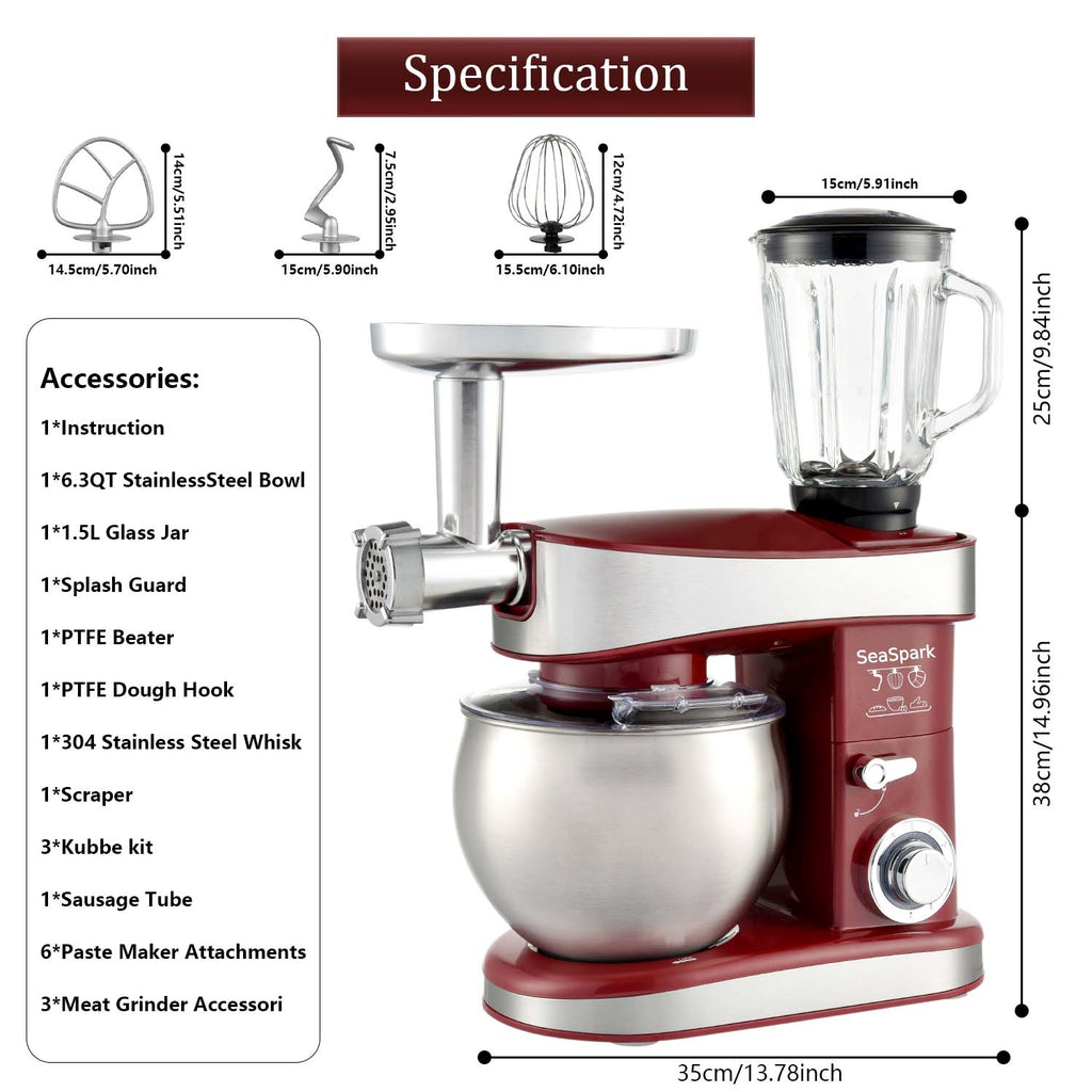 1PC Stand Mixers,6-in-1 6-speed with Pulse Button, Accessories 6.3QT Stainless Steel Bowl, Mixer, Dough Hook, Egg Beater, Spatula, Juicer Accessories, Meat Grinder Accessories and Noodle Pressing Accessories,Red