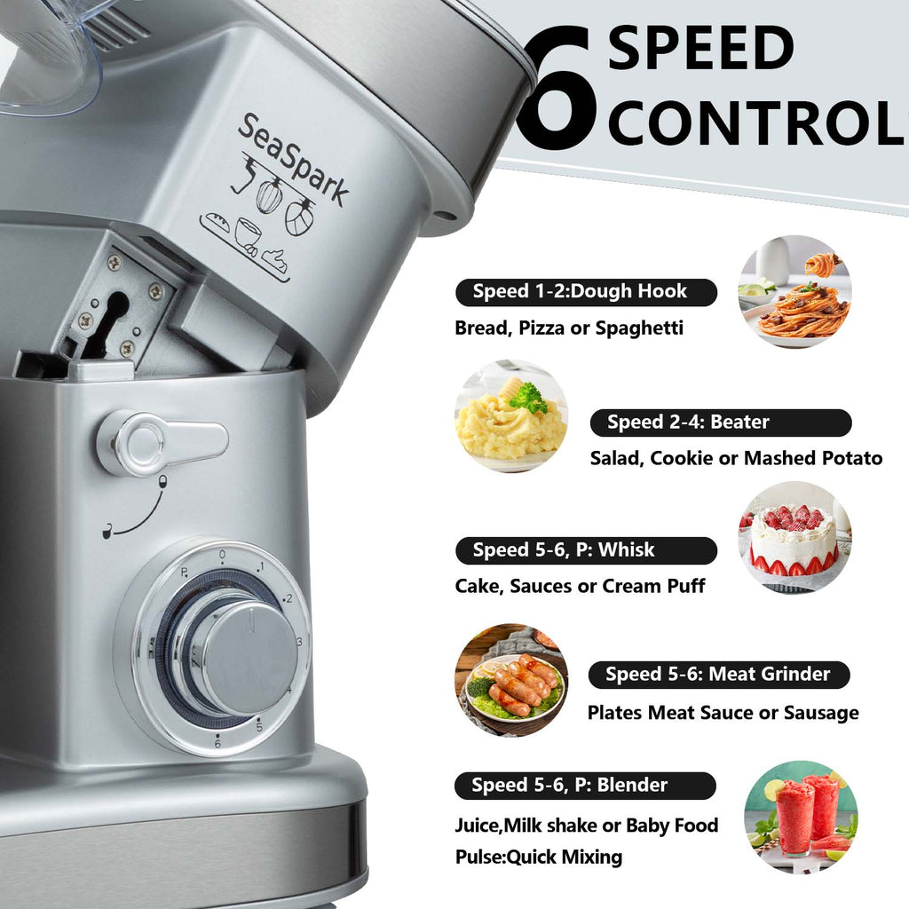 1PC Stand Mixers,6-in-1 6-speed with Pulse Button, Accessories 6.3QT Stainless Steel Bowl, Mixer, Dough Hook, Egg Beater, Spatula, Juicer Accessories, Meat Grinder Accessories and Noodle Pressing Accessories,silver