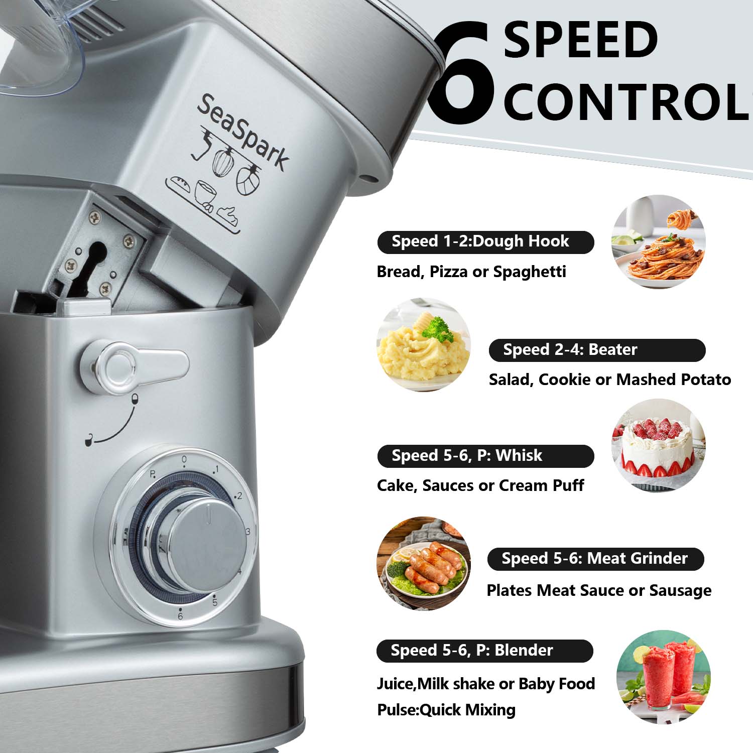 1PC Stand Mixers,6-in-1 6-speed with Pulse Button, Accessories 6.3QT Stainless Steel Bowl, Mixer, Dough Hook, Egg Beater, Spatula, Juicer Accessories, Meat Grinder Accessories and Noodle Pressing Accessories,silver