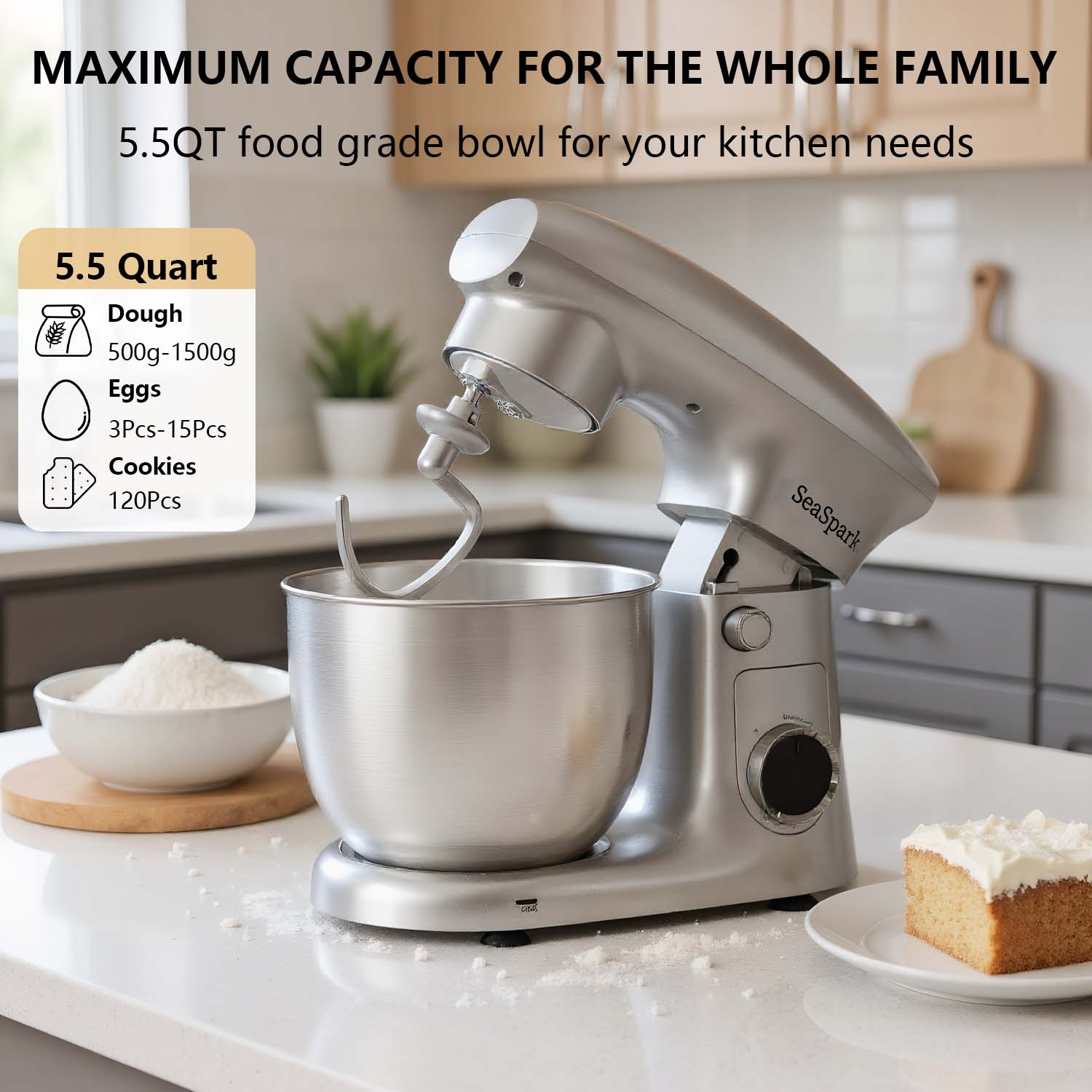 3-IN-1 10-speed Tilting Mixer with Pulse Button, Including 5.5QT Stainless Steel Bowl, Dough Hook, Mixer, Egg Mixer, Spatula-SIlvery, Mixer for Baking, Mixer Grinder for Kitchen, Kitchen Mixer, Mixer Blender, Mixer Grinder