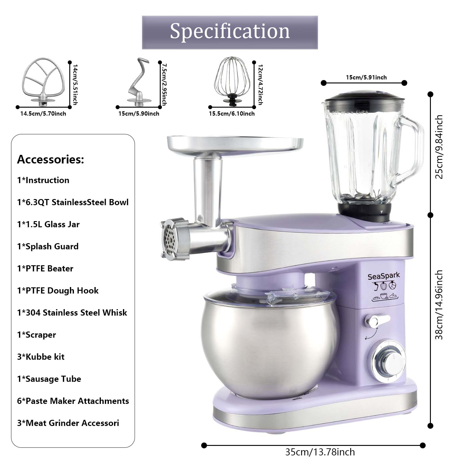 1PC Stand Mixers,6-in-1 6-speed with Pulse Button, Accessories 6.3QT Stainless Steel Bowl, Mixer, Dough Hook, Egg Beater, Spatula, Juicer Accessories, Meat Grinder Accessories and Noodle Pressing Accessories,purple