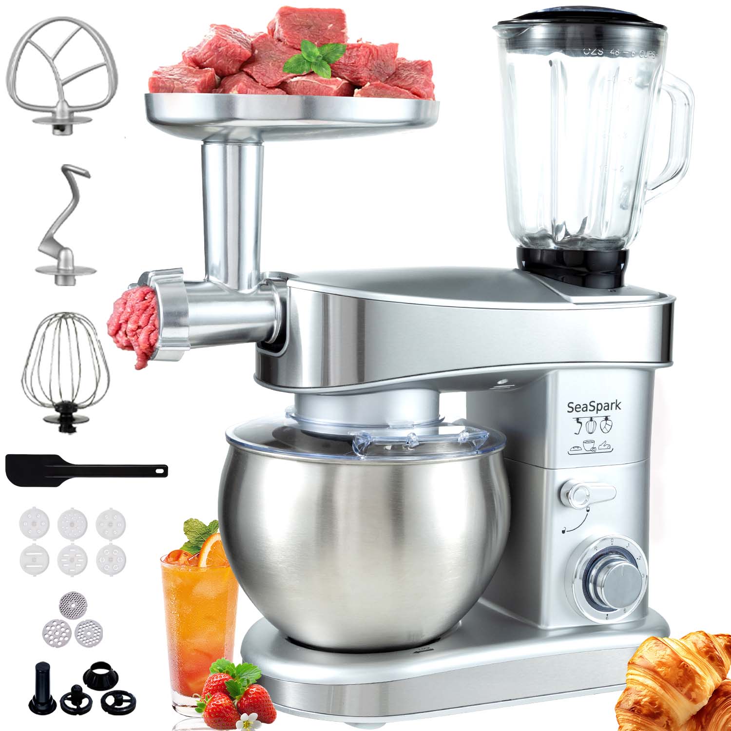 1PC Stand Mixers,6-in-1 6-speed with Pulse Button, Accessories 6.3QT Stainless Steel Bowl, Mixer, Dough Hook, Egg Beater, Spatula, Juicer Accessories, Meat Grinder Accessories and Noodle Pressing Accessories,silver
