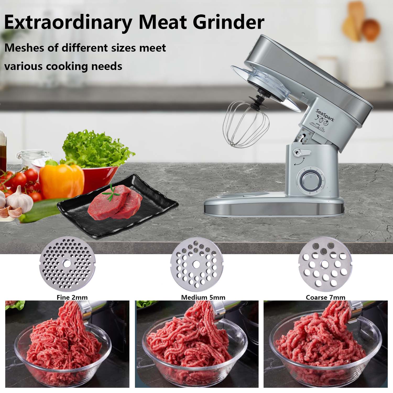 1PC Stand Mixers,6-in-1 6-speed with Pulse Button, Accessories 6.3QT Stainless Steel Bowl, Mixer, Dough Hook, Egg Beater, Spatula, Juicer Accessories, Meat Grinder Accessories and Noodle Pressing Accessories,silver