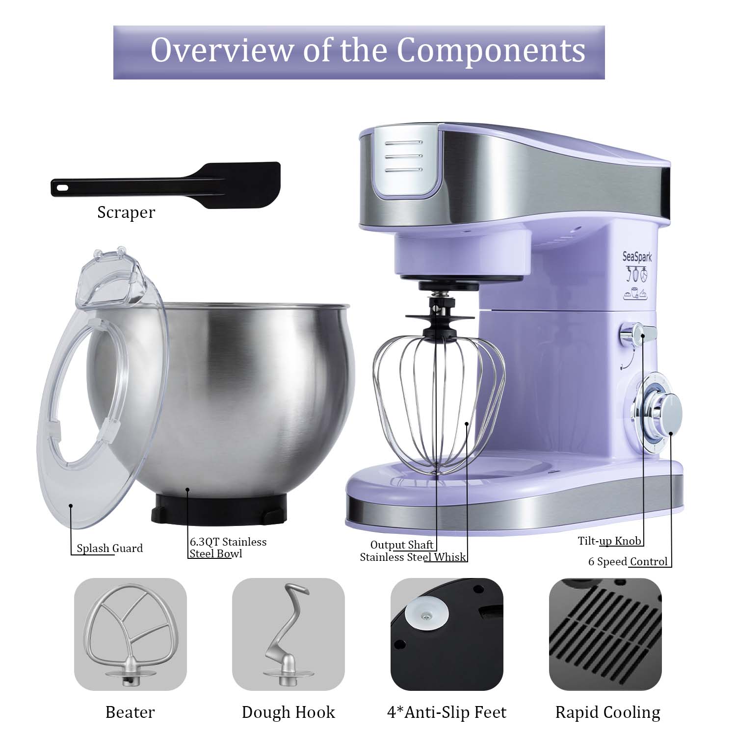 1PC Stand Mixers,6-in-1 6-speed with Pulse Button, Accessories 6.3QT Stainless Steel Bowl, Mixer, Dough Hook, Egg Beater, Spatula, Juicer Accessories, Meat Grinder Accessories and Noodle Pressing Accessories,purple