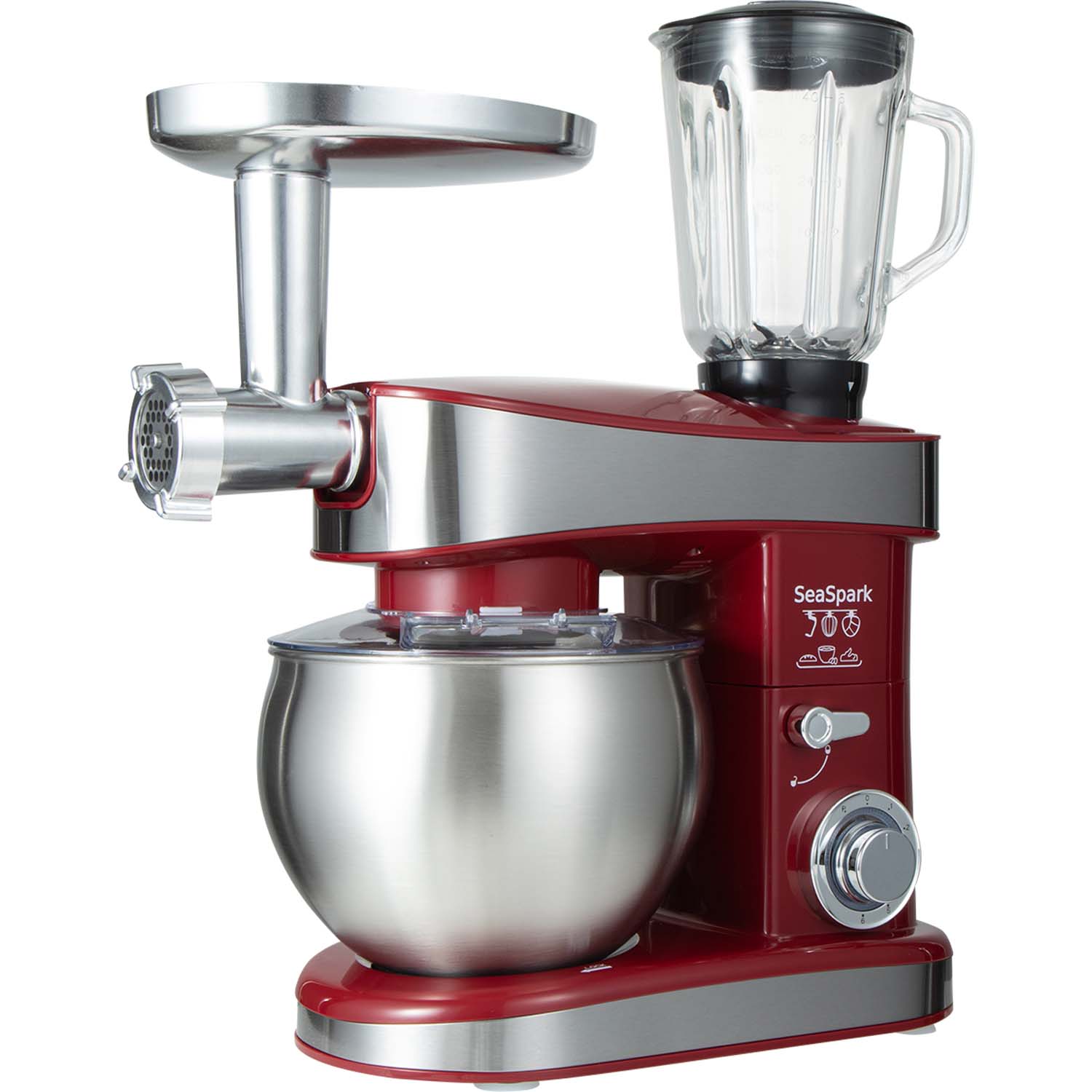 1PC Stand Mixers,6-in-1 6-speed with Pulse Button, Accessories 6.3QT Stainless Steel Bowl, Mixer, Dough Hook, Egg Beater, Spatula, Juicer Accessories, Meat Grinder Accessories and Noodle Pressing Accessories,Red