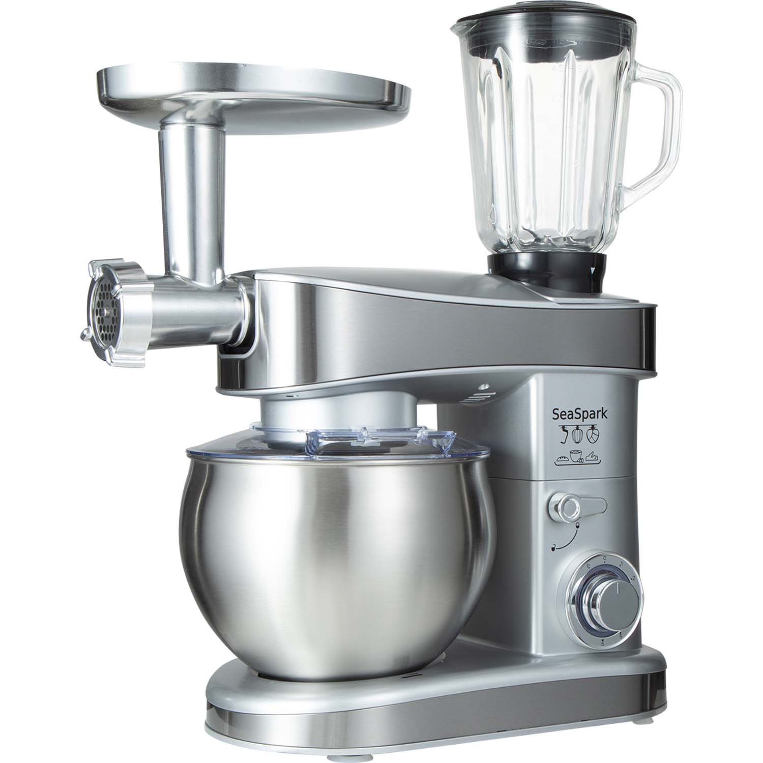 1PC Stand Mixers,6-in-1 6-speed with Pulse Button, Accessories 6.3QT Stainless Steel Bowl, Mixer, Dough Hook, Egg Beater, Spatula, Juicer Accessories, Meat Grinder Accessories and Noodle Pressing Accessories,silver