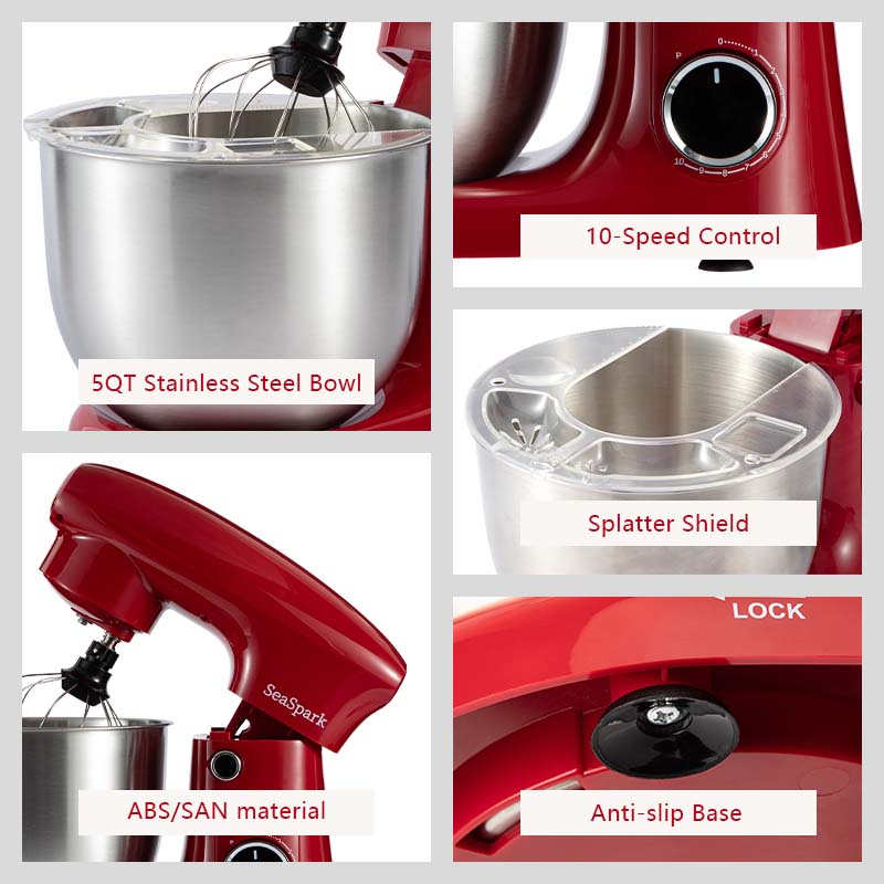 3-IN-1 10-speed Tilting Mixer with Pulse Button, Including 5.5QT Stainless Steel Bowl, Dough Hook, Mixer, Egg Mixer, Spatula-Red, Hand Mixer for Baking, Kitchen Appliance, Baking Essentials, Compact Design, Modern Kitchen Tool