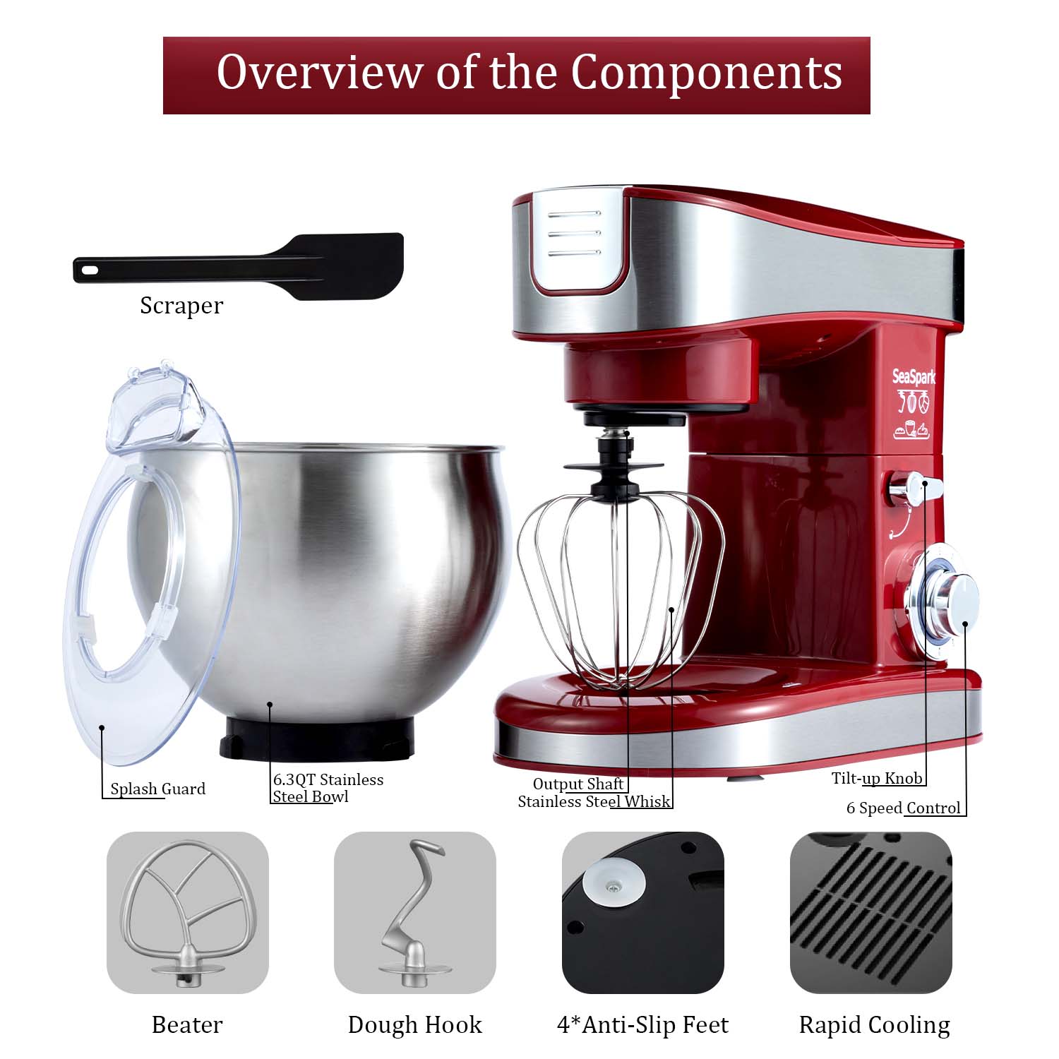 1PC Stand Mixers,6-in-1 6-speed with Pulse Button, Accessories 6.3QT Stainless Steel Bowl, Mixer, Dough Hook, Egg Beater, Spatula, Juicer Accessories, Meat Grinder Accessories and Noodle Pressing Accessories,Red