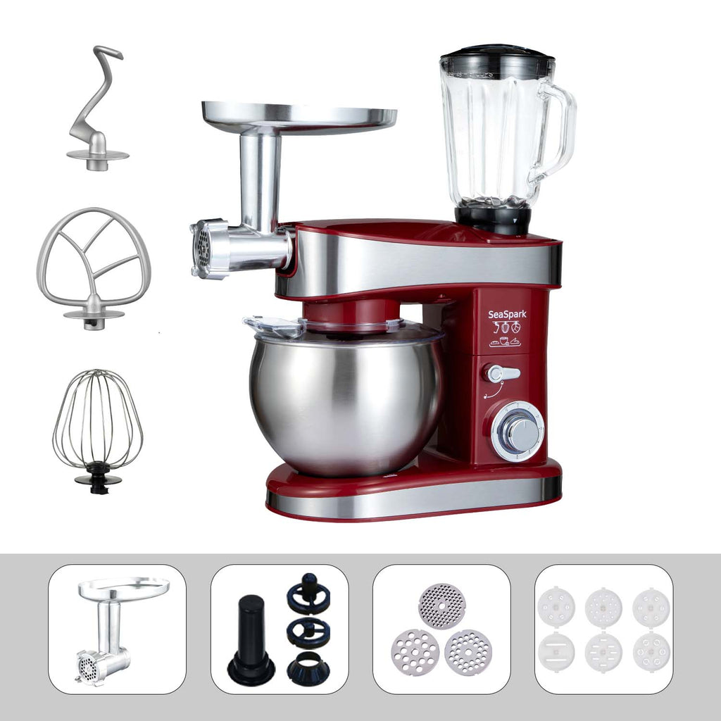 1PC Stand Mixers,6-in-1 6-speed with Pulse Button, Accessories 6.3QT Stainless Steel Bowl, Mixer, Dough Hook, Egg Beater, Spatula, Juicer Accessories, Meat Grinder Accessories and Noodle Pressing Accessories,Red