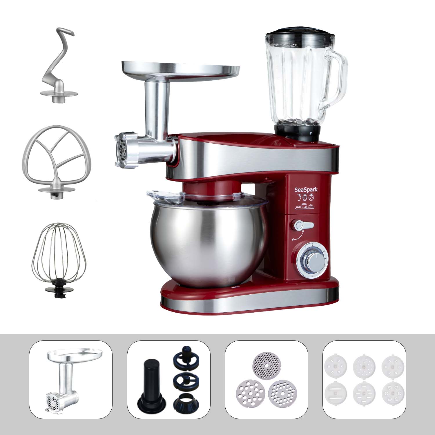 1PC Stand Mixers,6-in-1 6-speed with Pulse Button, Accessories 6.3QT Stainless Steel Bowl, Mixer, Dough Hook, Egg Beater, Spatula, Juicer Accessories, Meat Grinder Accessories and Noodle Pressing Accessories,Red