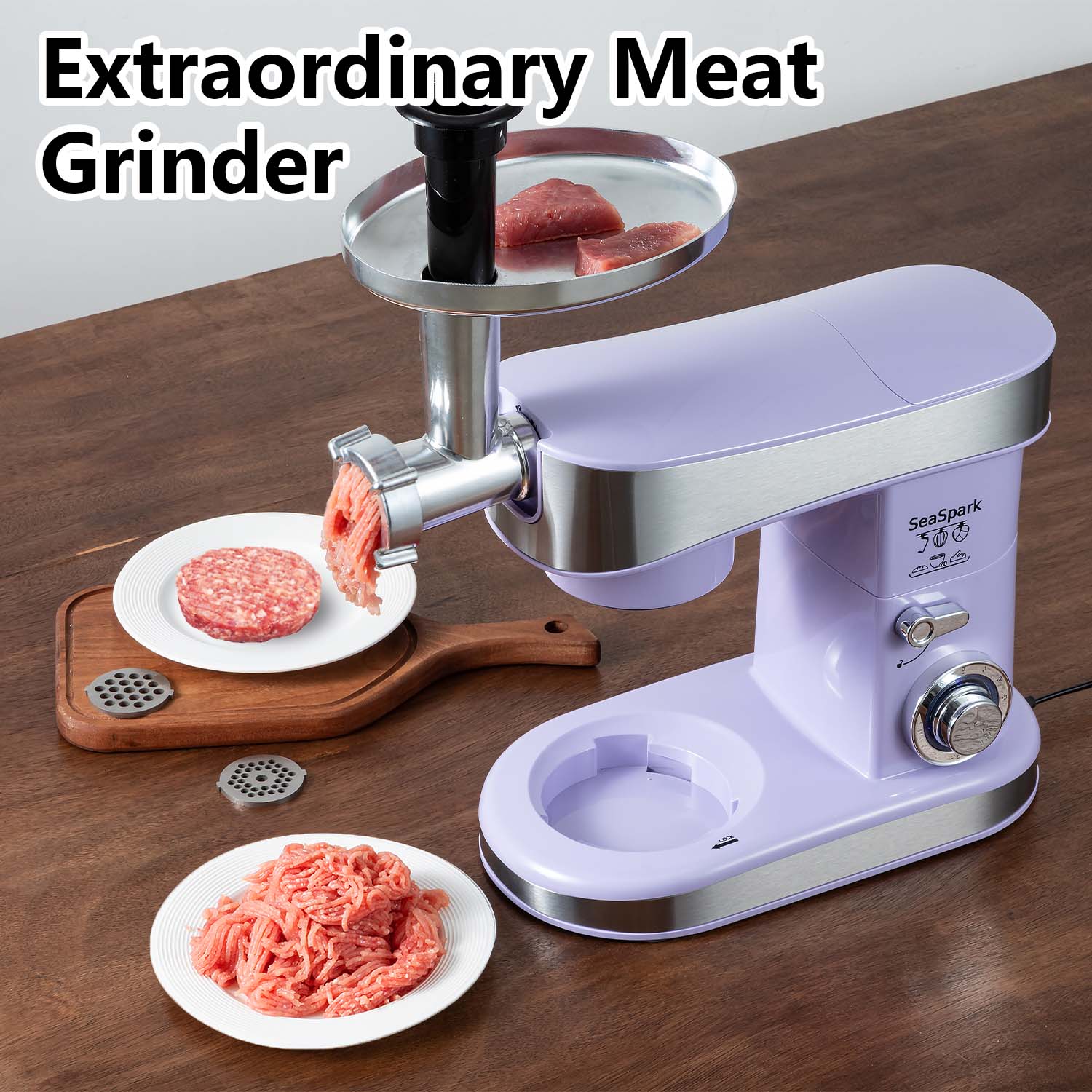1PC Stand Mixers,6-in-1 6-speed with Pulse Button, Accessories 6.3QT Stainless Steel Bowl, Mixer, Dough Hook, Egg Beater, Spatula, Juicer Accessories, Meat Grinder Accessories and Noodle Pressing Accessories,purple