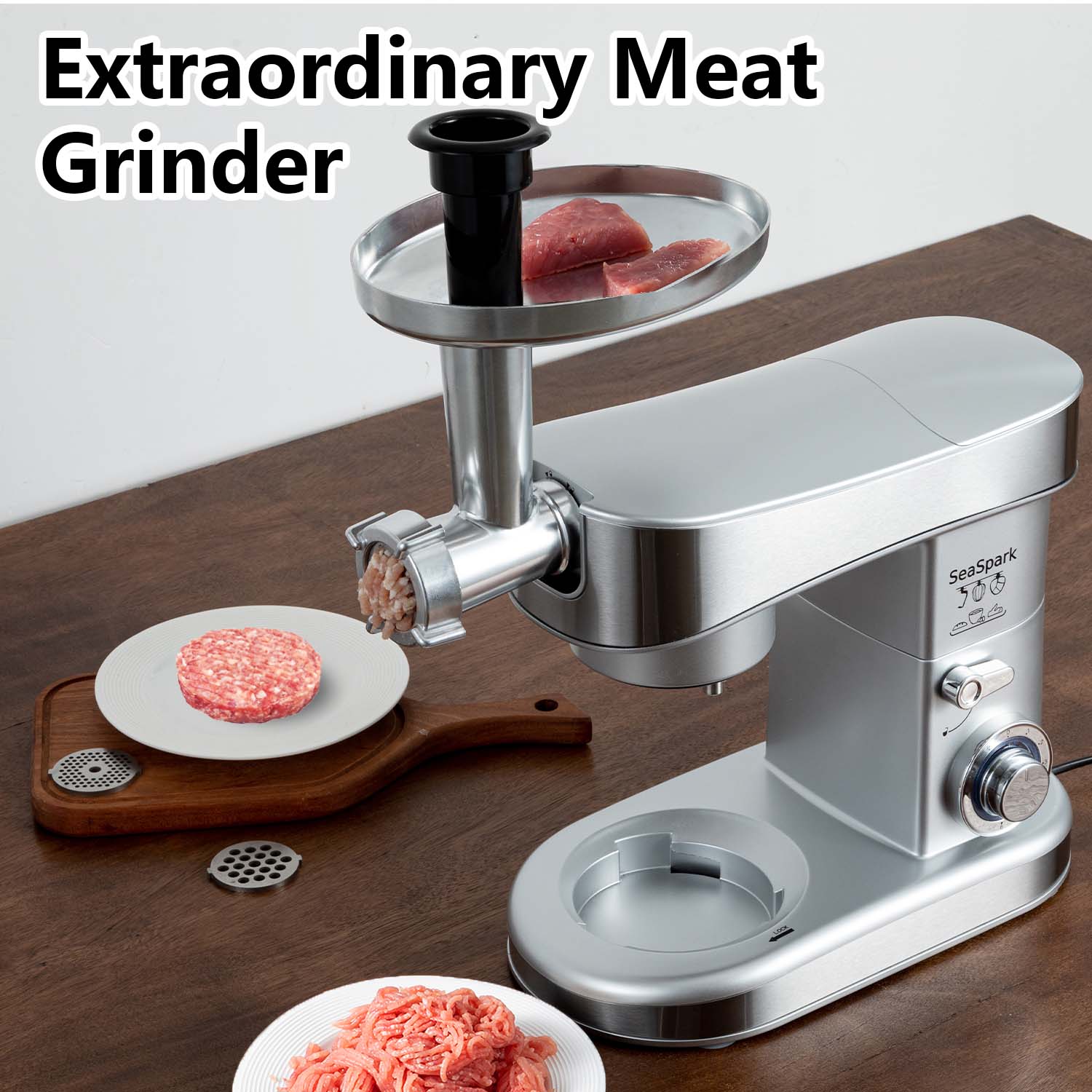 1PC Stand Mixers,6-in-1 6-speed with Pulse Button, Accessories 6.3QT Stainless Steel Bowl, Mixer, Dough Hook, Egg Beater, Spatula, Juicer Accessories, Meat Grinder Accessories and Noodle Pressing Accessories,silver