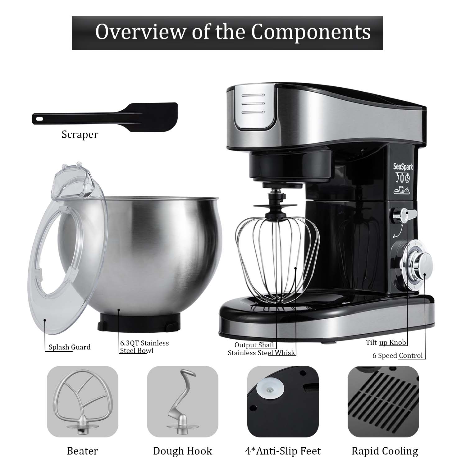 1PC Stand Mixers,6-in-1 6-speed with Pulse Button, Accessories 6.3QT Stainless Steel Bowl, Mixer, Dough Hook, Egg Beater, Spatula, Juicer Accessories, Meat Grinder Accessories and Noodle Pressing Accessories,black