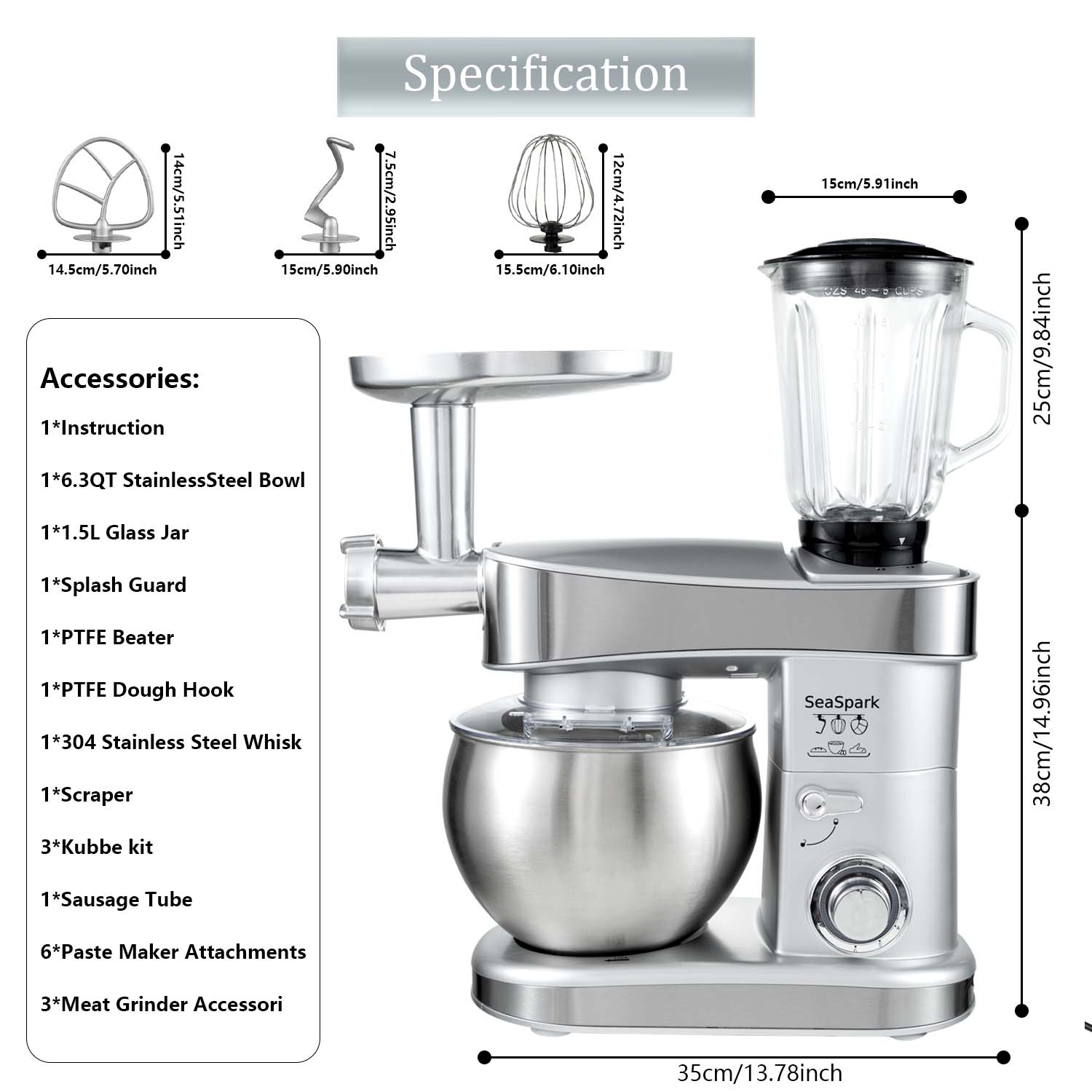 1PC Stand Mixers,6-in-1 6-speed with Pulse Button, Accessories 6.3QT Stainless Steel Bowl, Mixer, Dough Hook, Egg Beater, Spatula, Juicer Accessories, Meat Grinder Accessories and Noodle Pressing Accessories,silver
